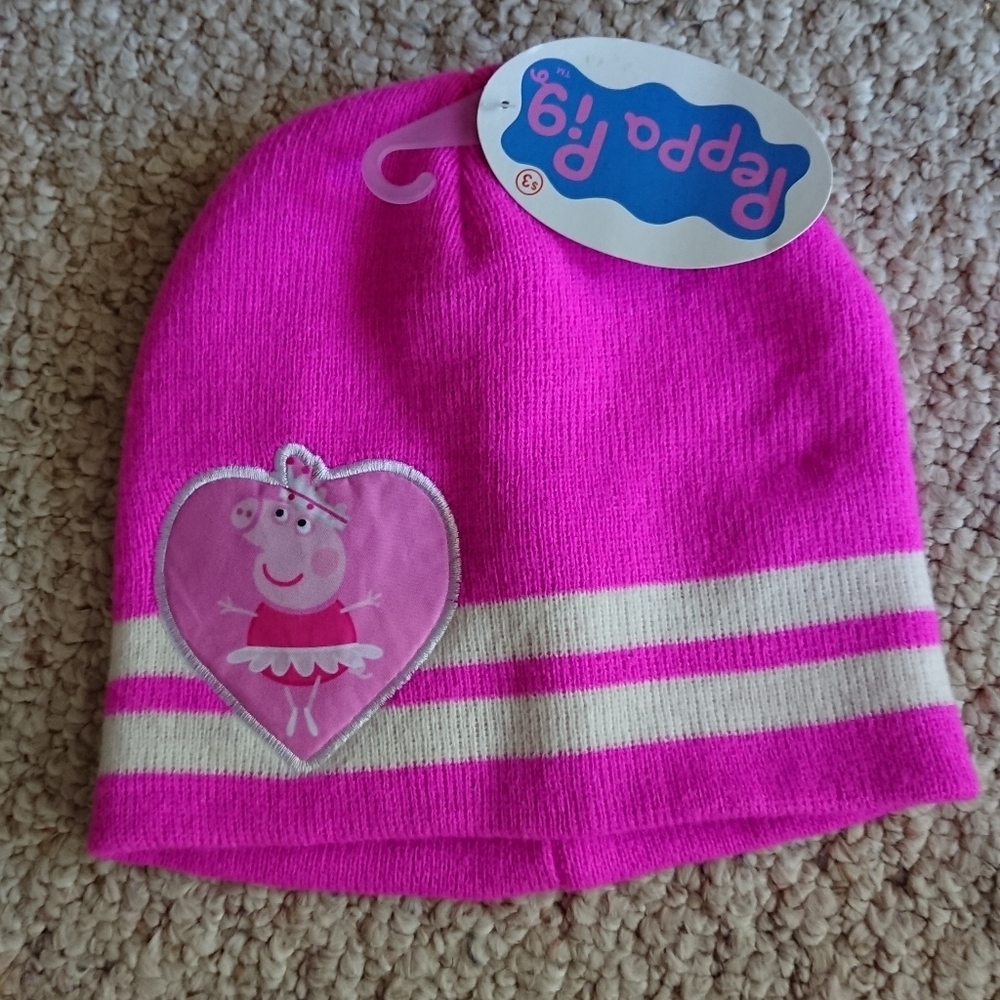 Peppa Pig Girls Pink & White Stripe Ballerina Heart Knit Beanie Hat size 4-6